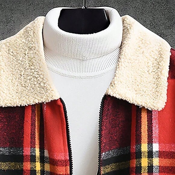 Red Casual Mens Plaid Print Borg Collar Teddy Lined Overcoat - Picture 4 of 5